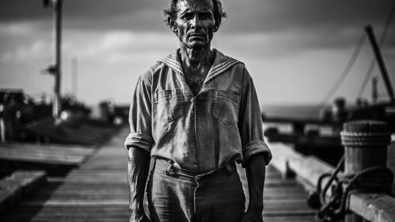 Un marinaio anziano di fronte posa su un molo di legno, la brezza fa svolazzare la sua camicia da marinaio, con una bitta visibile.