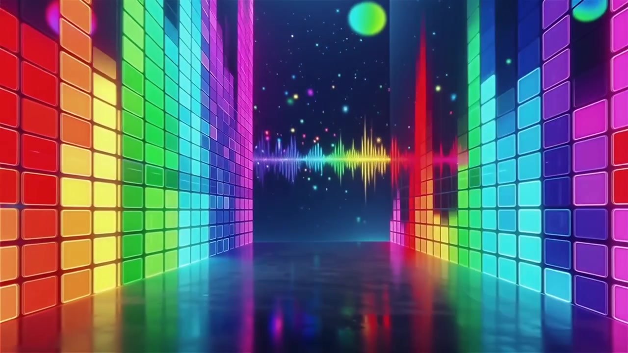 Futuristisk regnbuefarvet neon musik equalizer visualisering baggrund.