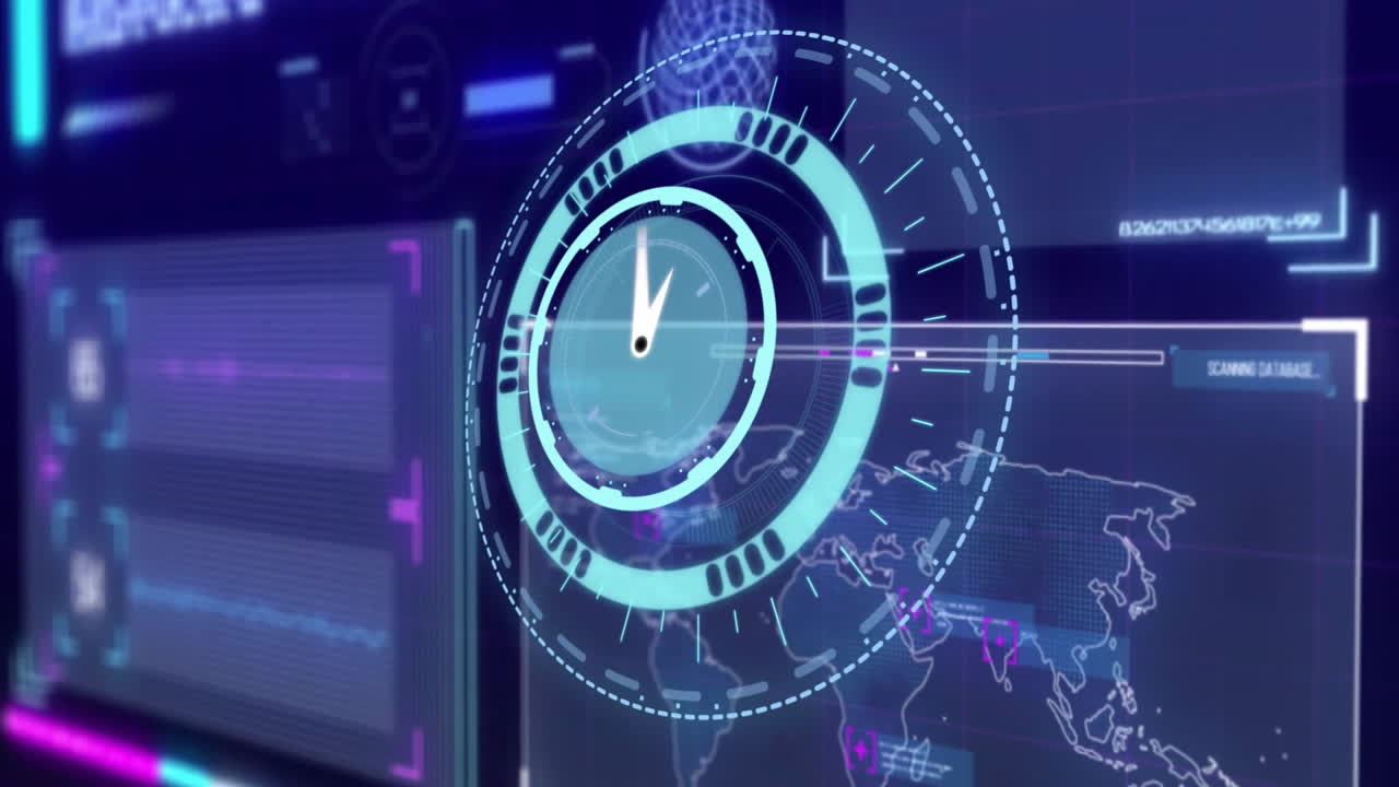 Digital clock and data processing animation over futuristic interface with world map
