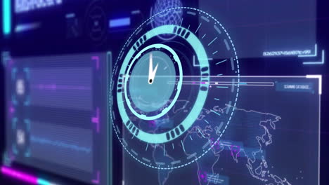 Digital-clock-and-data-processing-animation-over-futuristic-interface-with-world-map