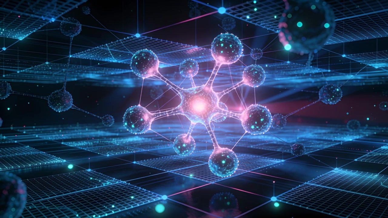 Pulsing core emitting filaments across glowing grid, rotating with eight nodes showing flow