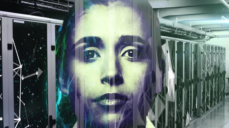 Network of connections over woman against server room