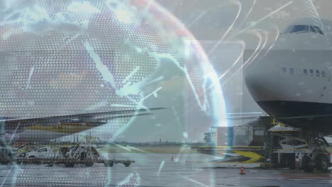 animation of globe and shapes over plane at airport