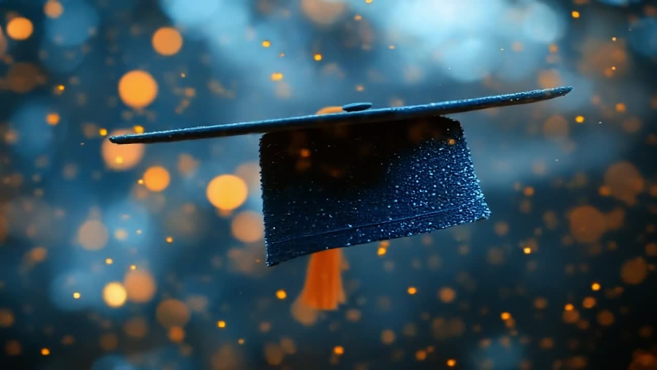 Graduation cap floating in the air. A graduation cap hovers mid-air surrounded by golden bokeh, capturing a festive moment of achievement.