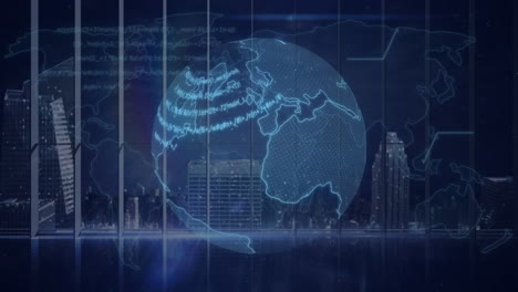 animation of globe and data processing over cityscape at night