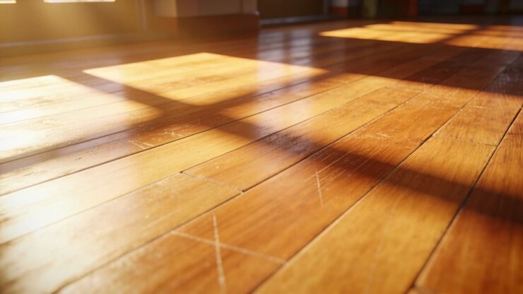 Griglia di luce solare mutevole che attraversa assi di legno duro con angolazione bassa, rivelando graffi e ombre cangianti