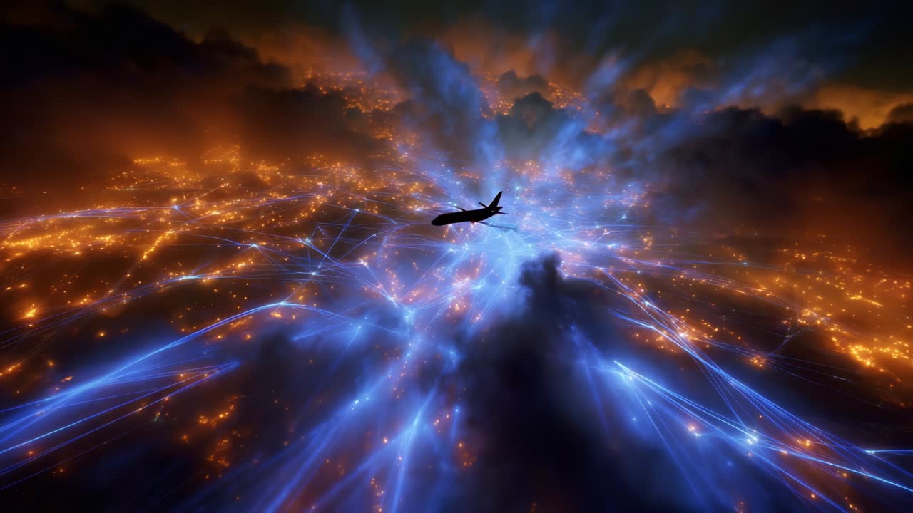 Airplane Flying Over a Connected City at Night
