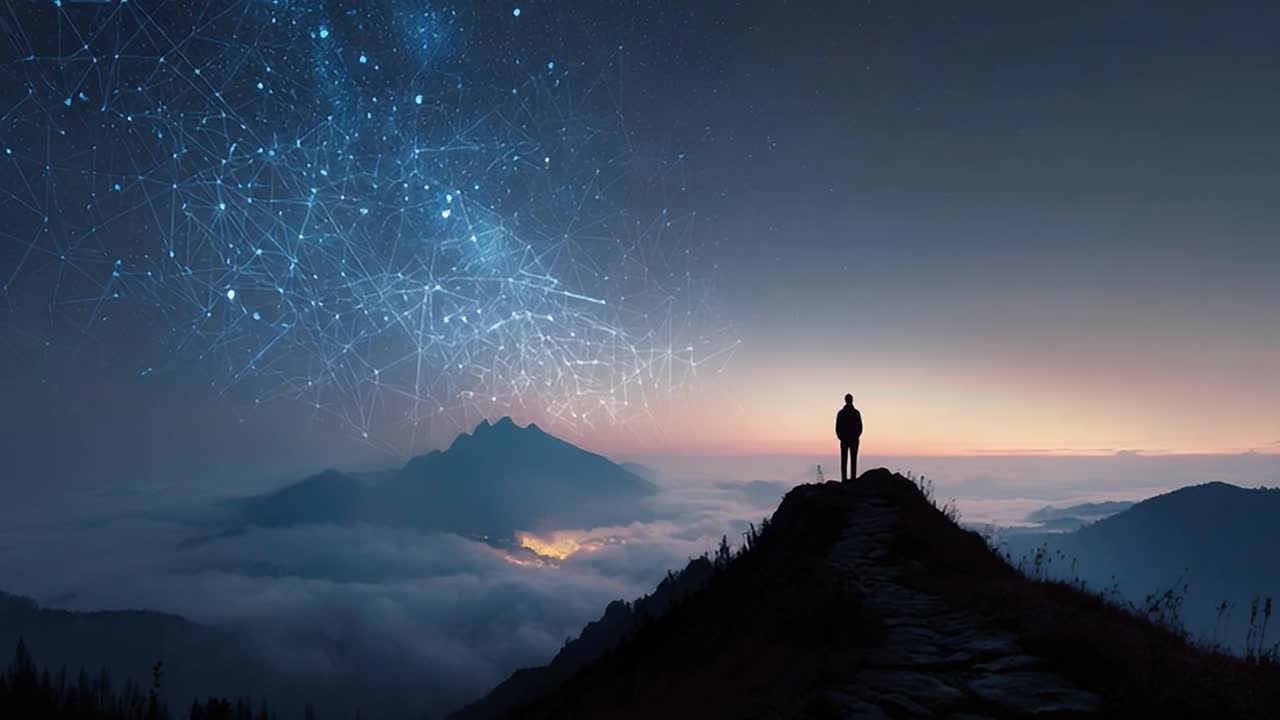 Silhouette of a person on a mountain at dusk with starry sky above