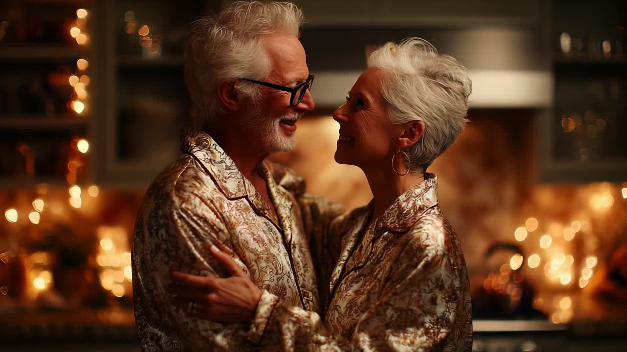 Un abbraccio sentito: catturare l'intimità e l'amore tra due persone anziane che condividono un momento di gioia insieme in abiti comodi, circondati da luci calde e scintillanti