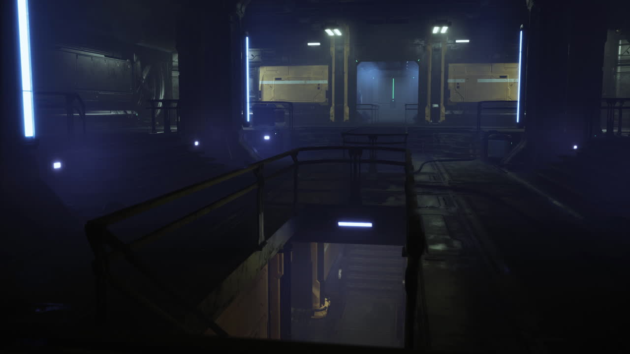 Mysterious industrial hall with blue lights and fog at night