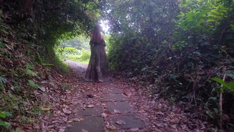 young woman in long dress walking happily in nature and enjoying life, looking into camera and lifting arms. bali touristic place in ubud, ridge walk