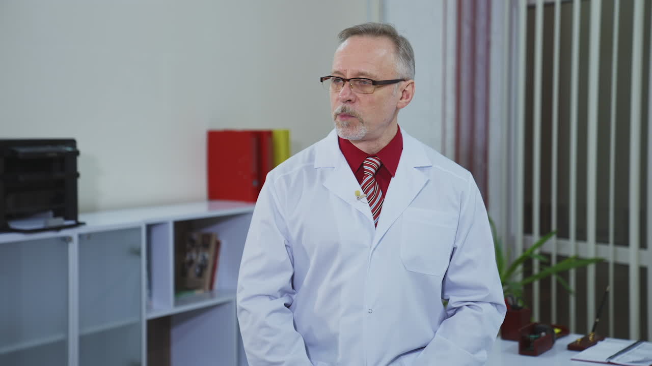 Senior male doctor consulting someone in clinic. Professional physician in glasses and medical coat talking in modern hospital center.