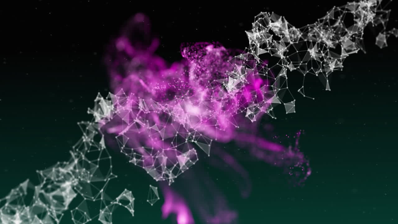 추상적인 기하학적 네트워크와 보라색과 초록색 배경의 데이터 시각화