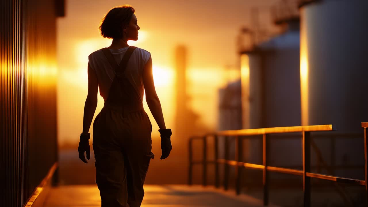 A silhouette of a determined individual walking towards the golden horizon, surrounded by industrial structures against a stunning sunrise, embodying resilience and strength in an urban landscape