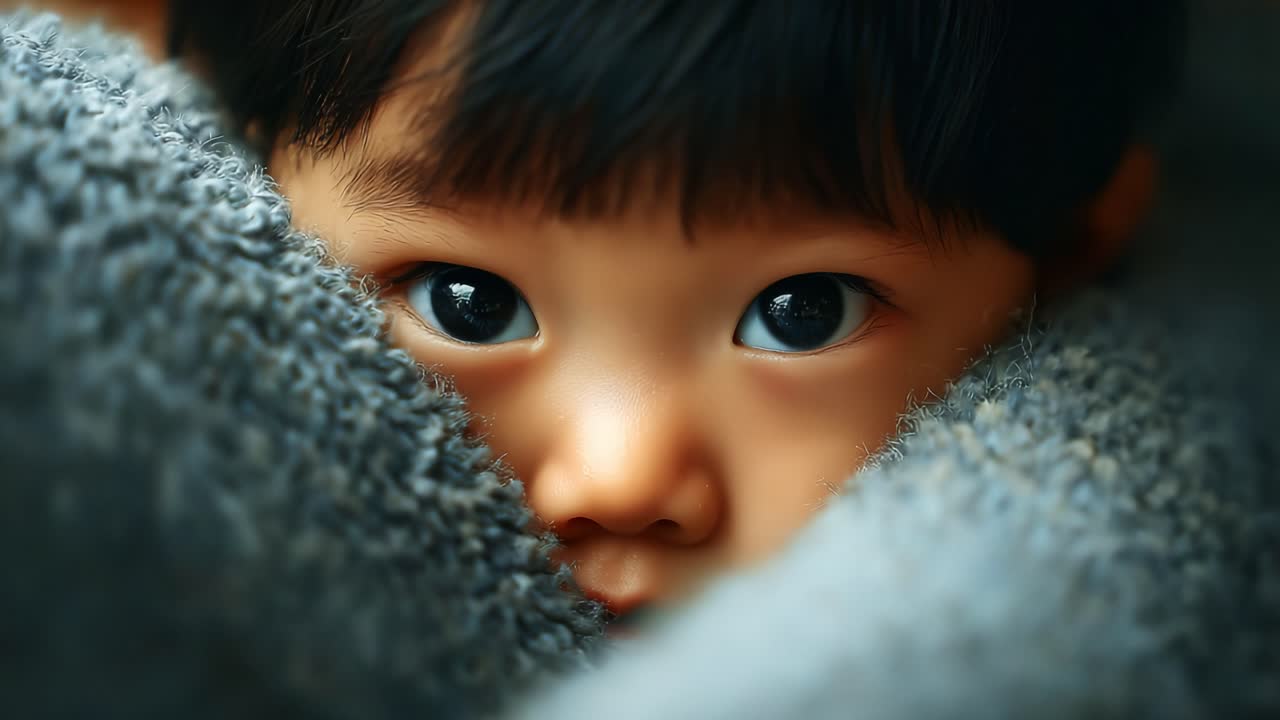 An Expressive Close-Up of a Child Peeking Out from Soft Textiles, Capturing Innocence and Curiosity in a Moment of Wonder and Exploration