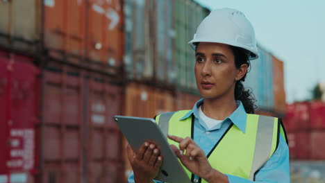 female engineer using a tablet at a shipping port.