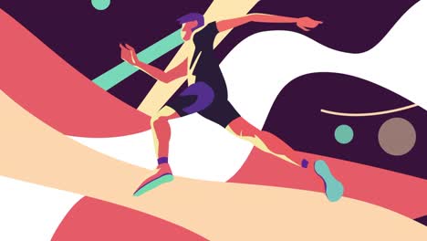 side view of an abstract young jumping man on geometric shapes background. motion. concept of sport and active lifestyle