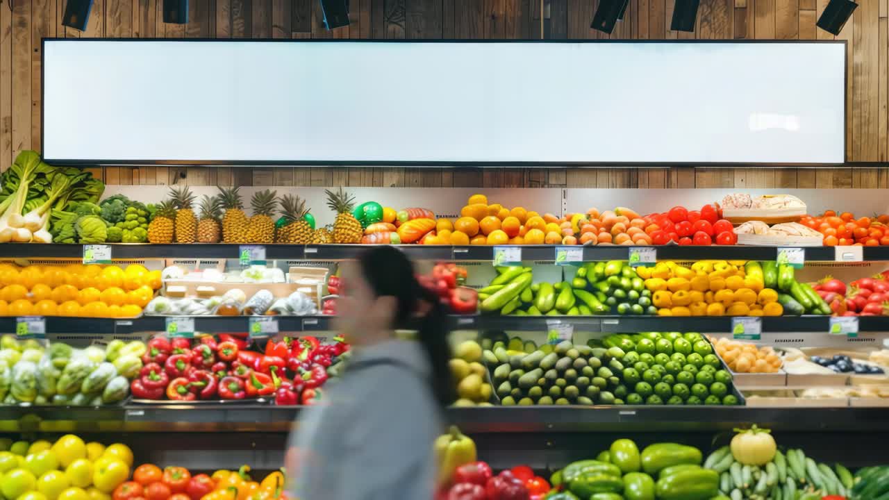 Wide-angle shot of a vibrant grocery aisle with fresh produce