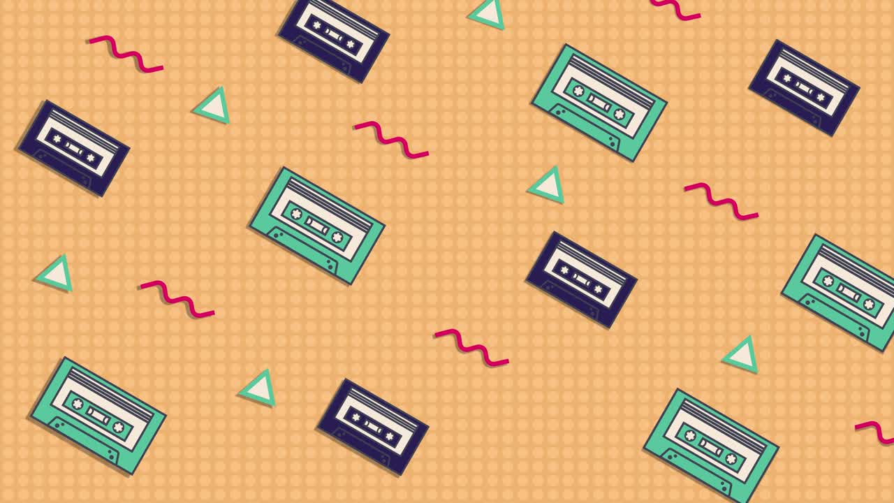 Animated orange background with moving audio cassettes, wavy lines and triangles.