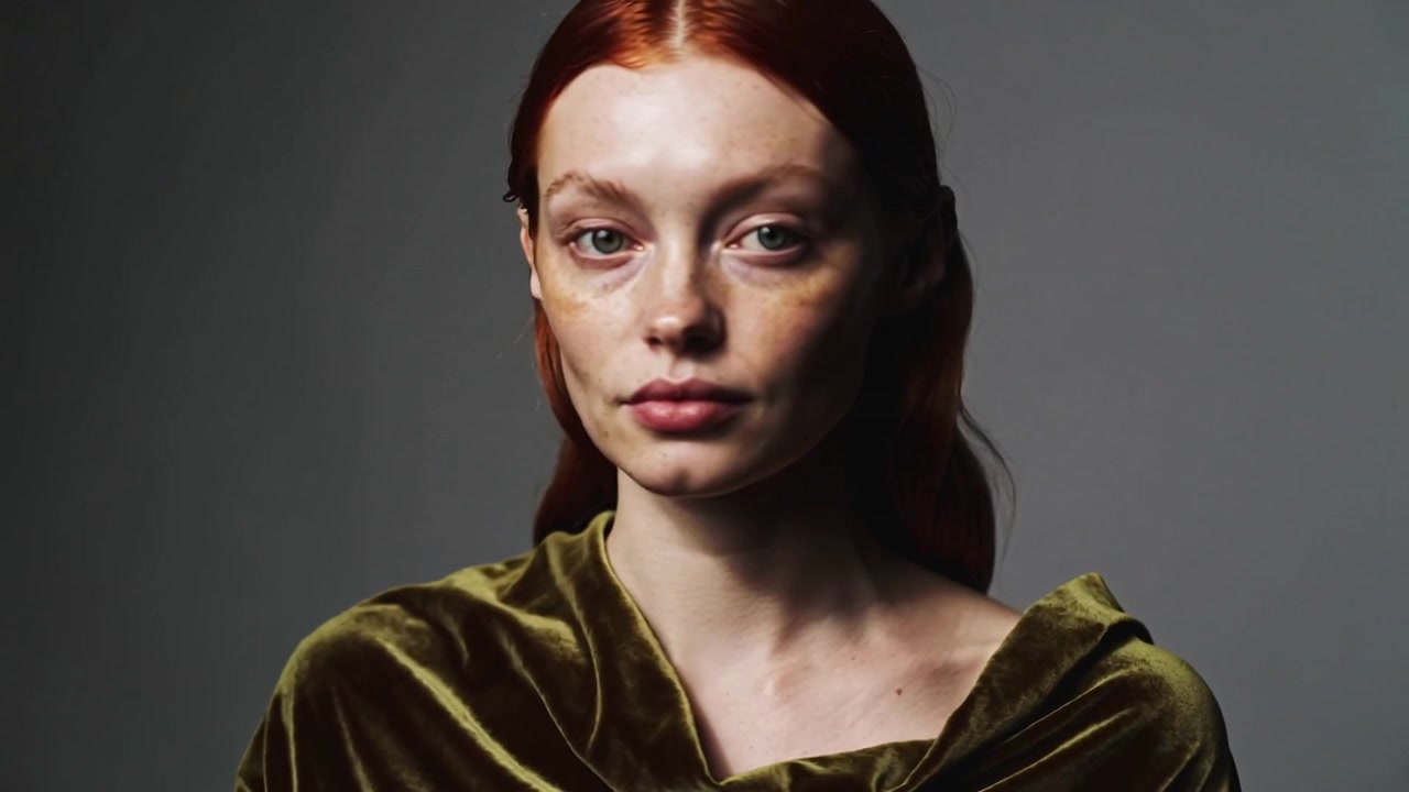 Turning model on cue, rotating head right-left in studio with moss-green-drape and bronze-patches
