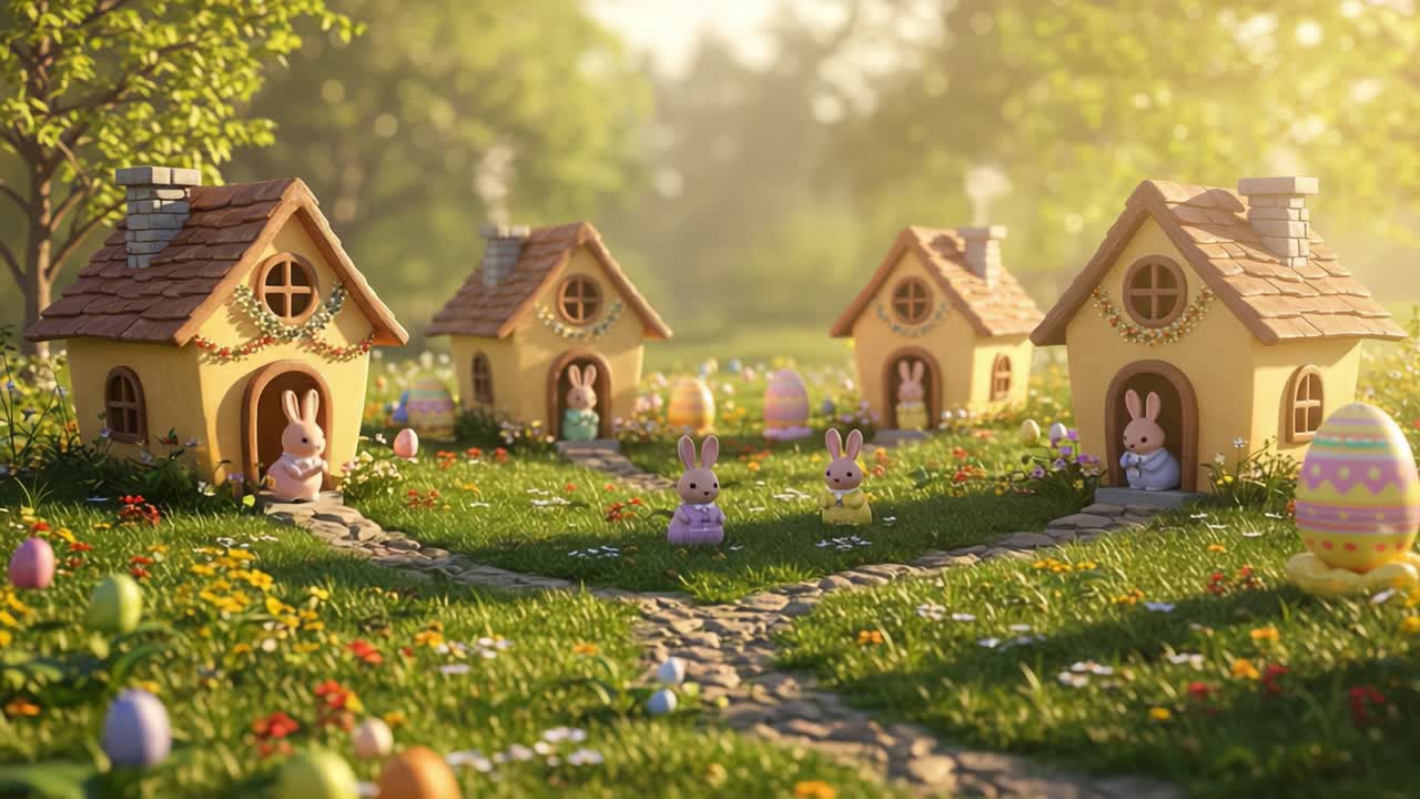 A Whimsical Scene of Colorful Easter Bunnies Playing Around Charming Houses in a Lush Spring Garden, Full of Vibrant Flowers and Delightful Decorated Eggs