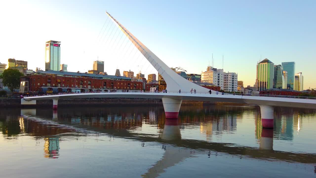 Cityscape of Puerto Madero, travel landscape of Buenos Aires City Argentina in Sunset, Woman's Bridge
