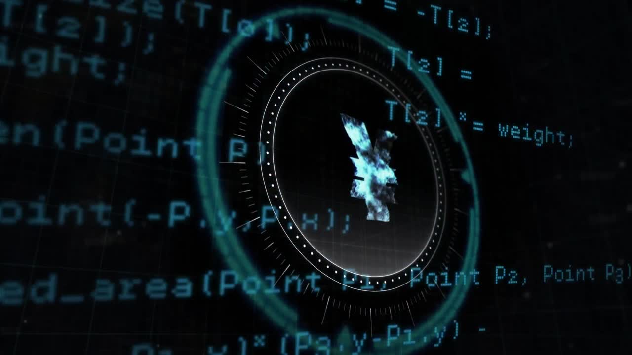 Animation of data processing and yen symbol over black background