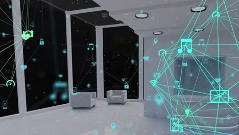 digital animation of globe of digital icons spinning against empty room