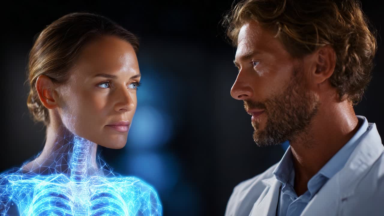 A Captivating Dialogue Between Modern Medicine and Advanced Technology: A Medical Professional Engaging with a Patient, Enhanced by a Stunning Holographic Visualization of the Human Anatomy
