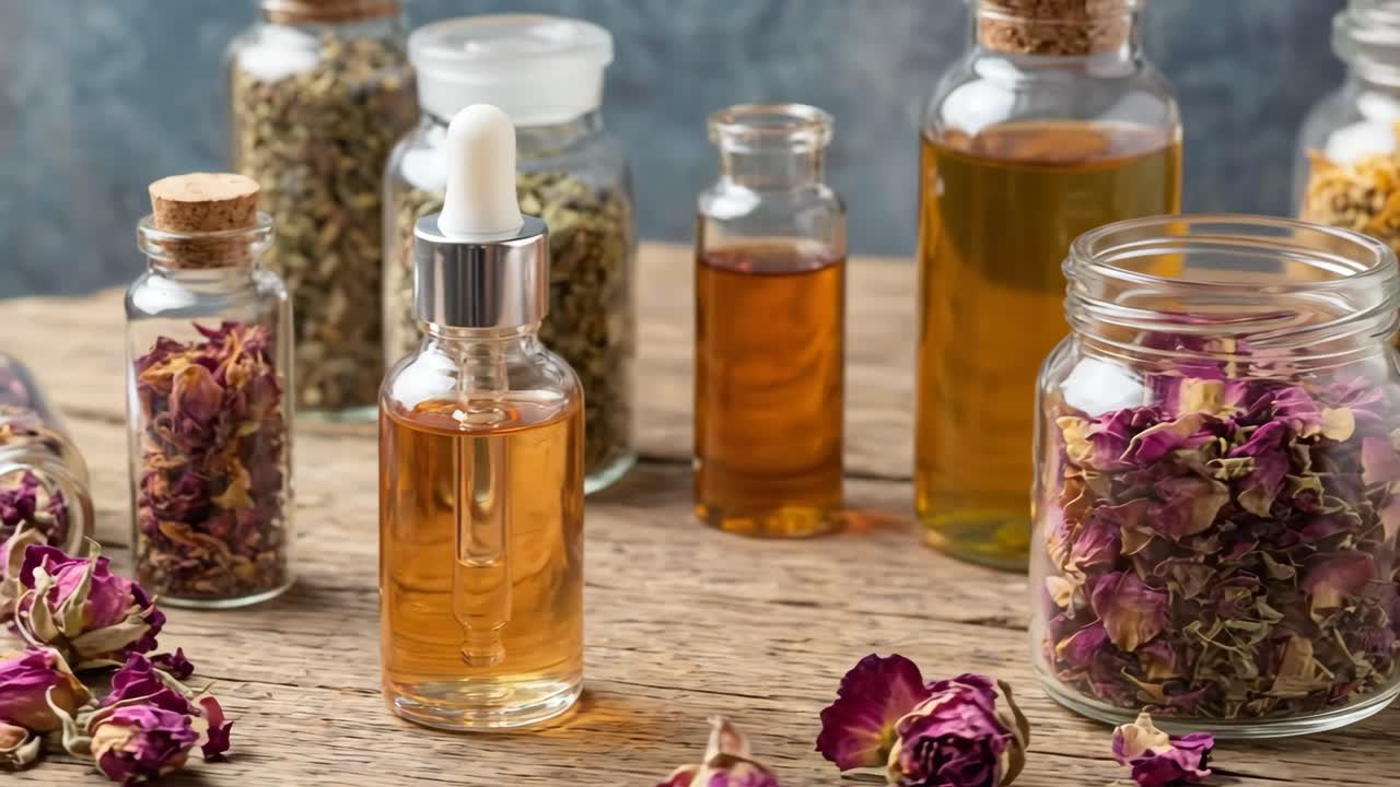 Kurutulmuş otlar ve gül yaprakları ile uçucu yağ damlalıklı şişe