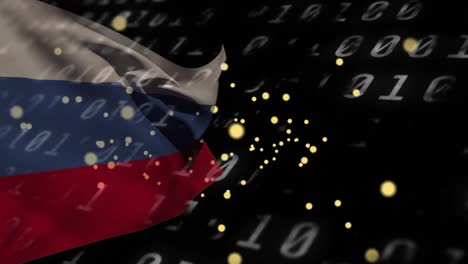 animation of spots over data processing and flag of russia