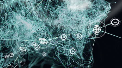 animation of network of connections with digital icons over green mesh