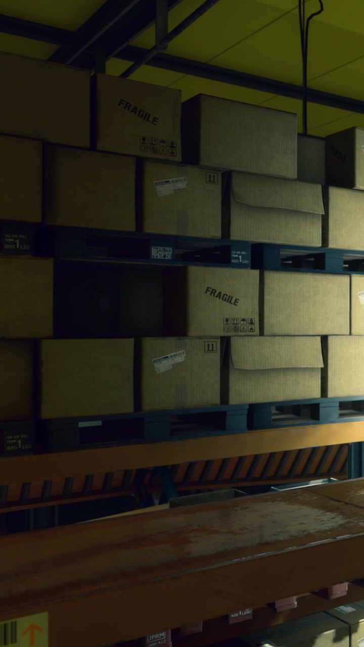Conveyor belts gently move fragile boxes in a busy warehouse at night