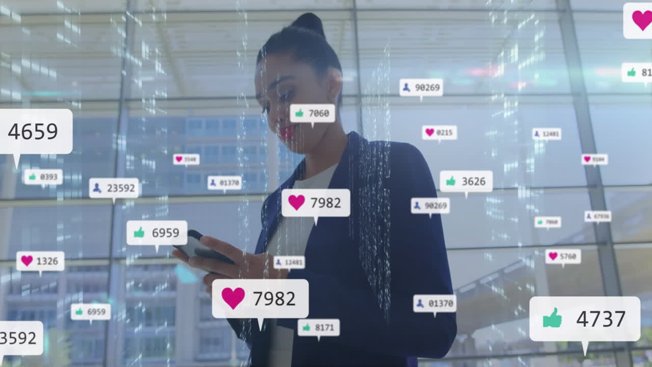 Using smartphone, businesswoman with social media notifications in animation style