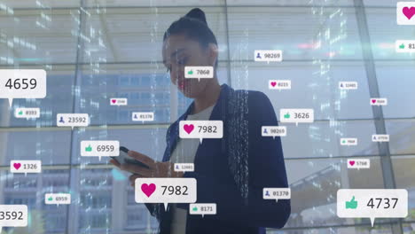 using smartphone, businesswoman with social media notifications in animation style