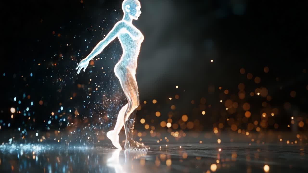 Una rappresentazione affascinante di una figura scintillante che si muove con grazia in un mondo di particelle luminose e scintille brillanti, incarnando eleganza e fluidità nel movimento