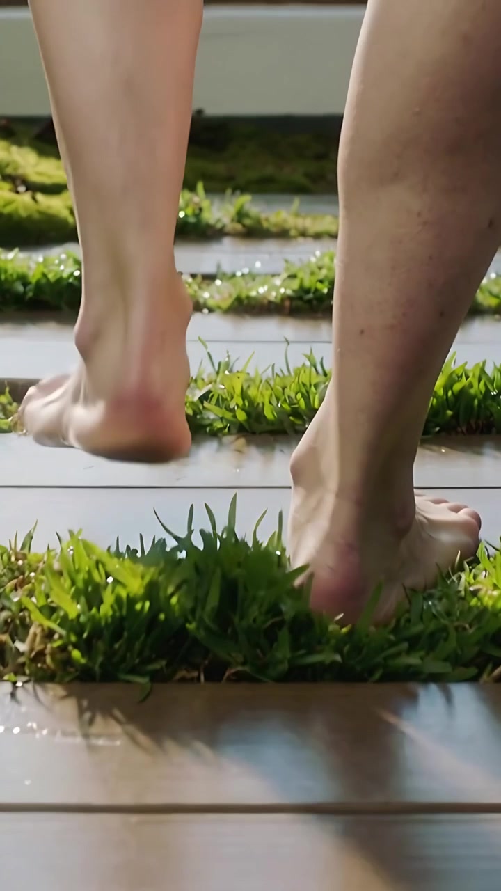 Vertical video: Right heel lifting, barefoot person moving onto grass strips on deck, dew shining