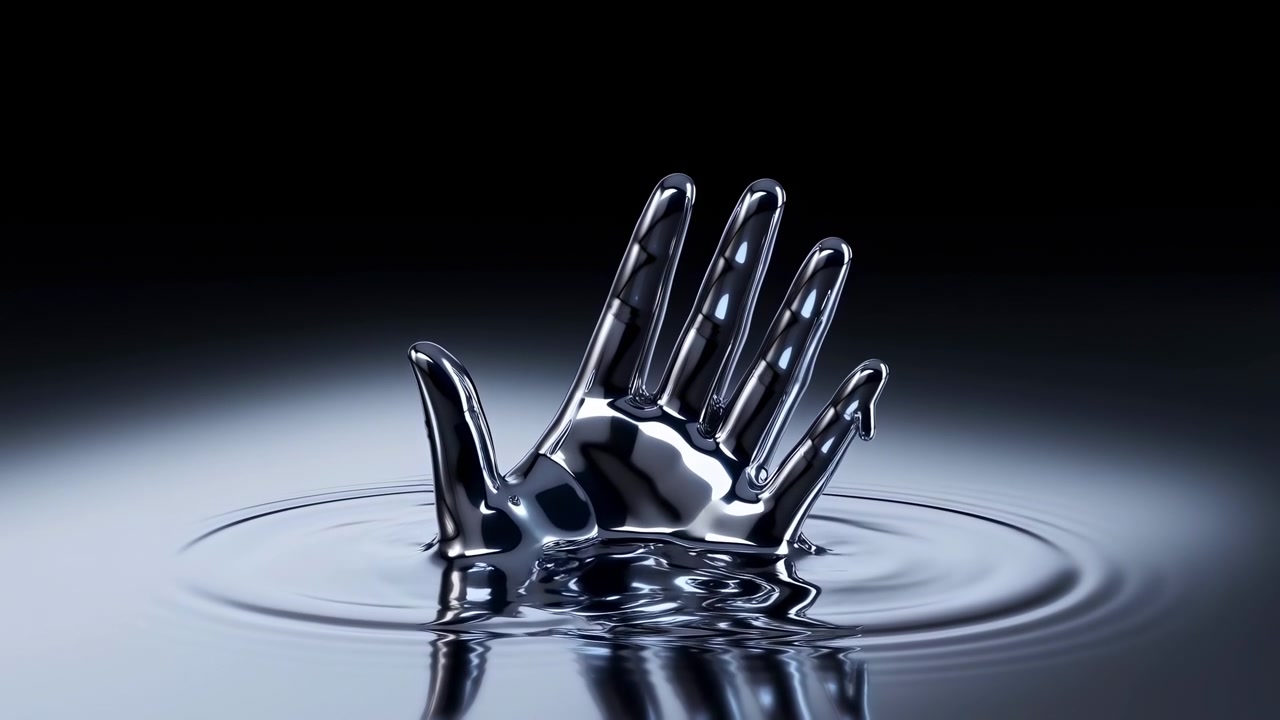 Una superficie liquida riflettente crea una struttura di schizzi ascendenti con 'dita' curve, increspature che si diffondono e riflessi lucidi sotto un'illuminazione focalizzata, mostrando movimento e texture in una composizione ravvicinata.