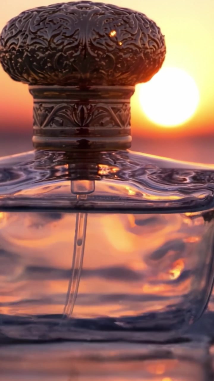 Un Momento Accattivante: Tramonto Radioso Riflesso in una Boccetta di Profumo dal Design Raffinato, che Cattura Essenza ed Eleganza nel Tenue Bagliore del Crepuscolo.