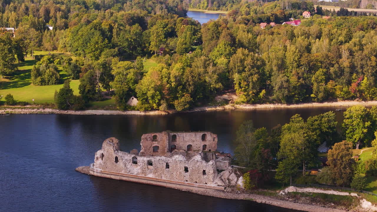 воздушный вид на руины замка кокнезе у реки даугава с пышным зеленым лесом.