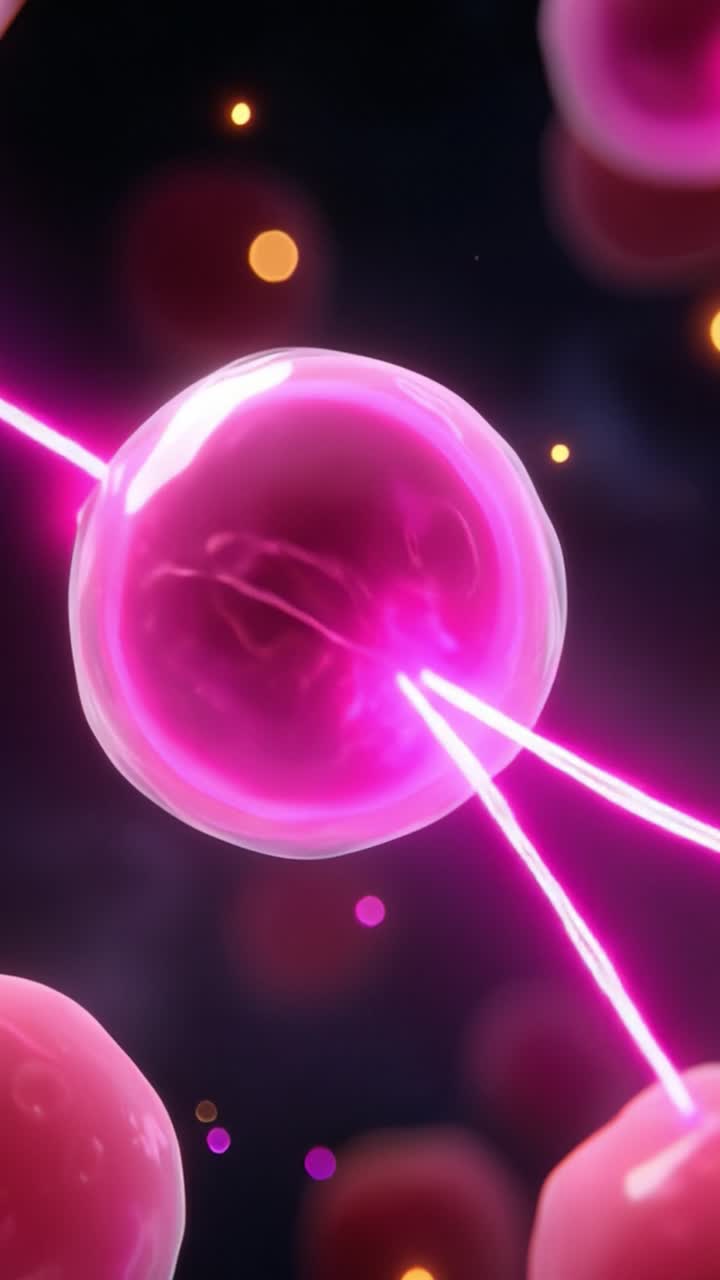Interacciones Dinámicas de Células Rosadas con Pulsos de Energía Ilustrando Funciones y Procesos Celulares en un Vibrante Microcosmos de Actividad Biológica