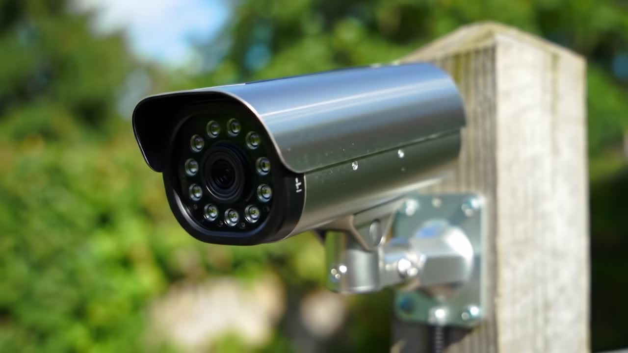 A security camera is being mounted on a wooden post in a backyard setting. The device features night vision capabilities, ensuring safety during nighttime hours. Homeowners prioritize security.