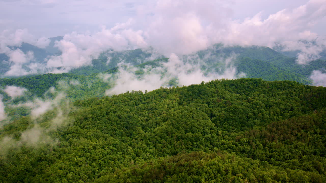 Cinematic footage soaring above the hazy Smokies.