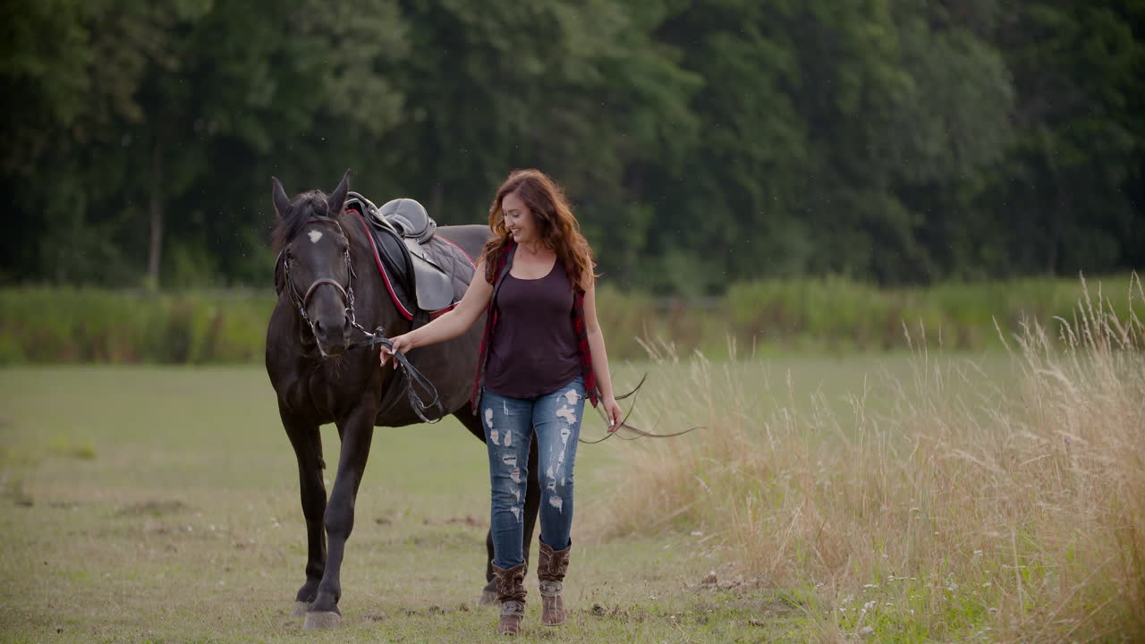 Woman with Horse in Countryside