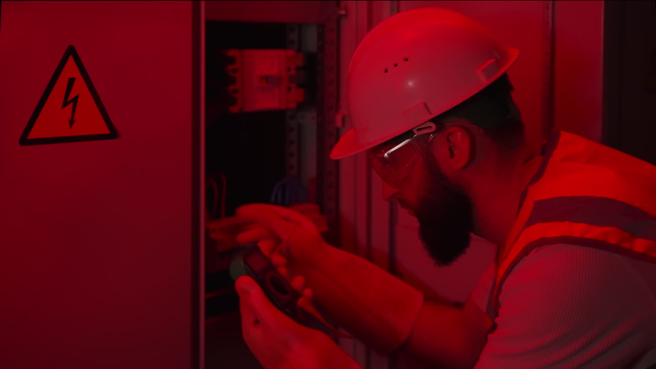 electricista trabajando en un panel eléctrico en una habitación oscura