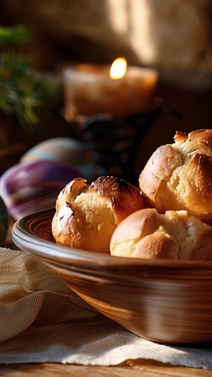 Golden-brown rolls nestled in a rustic bowl, illuminated by warm candlelight, creating a cozy and inviting atmosphere perfect for gatherings and celebrations
