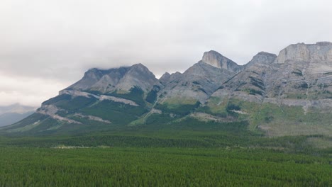 aerial dolly in over green forest valley, canadian rockies mountain range in background at banff national park, alberta, canada