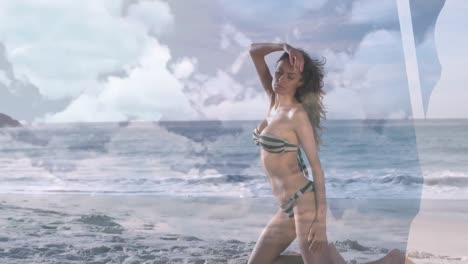 Animación-De-Nubes-Sobre-Una-Mujer-Caucásica-En-Bikini-En-La-Playa-Junto-Al-Mar.