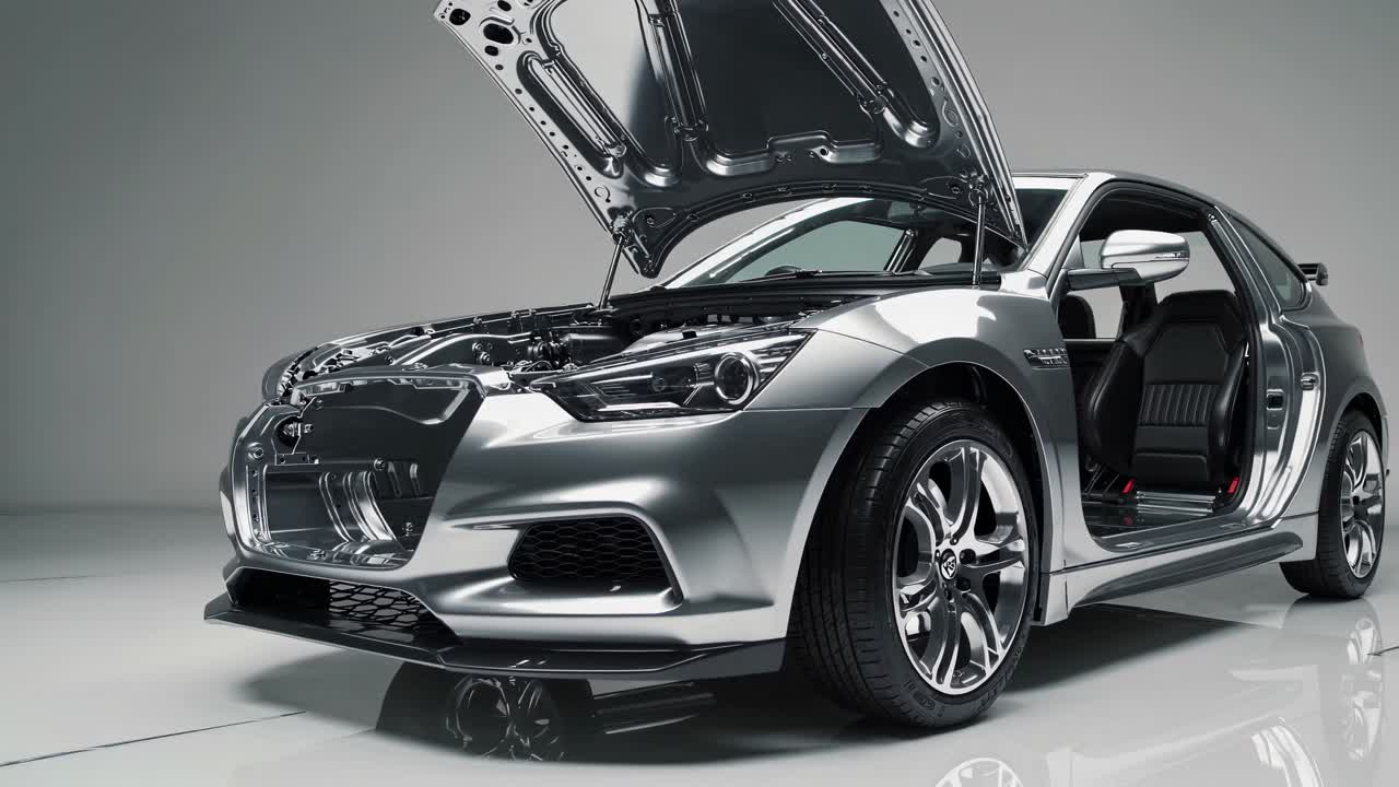 Silver Concept Car with Open Hood and Interior