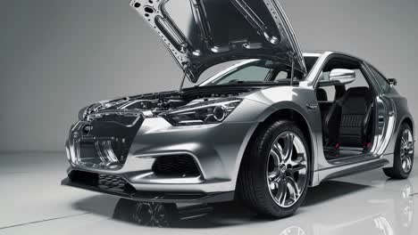 silver concept car with open hood and interior